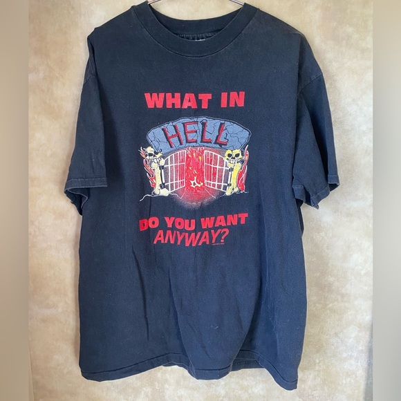Vintage 1993 Rhemawear Black Graphic Unisex Tee Heaven Yes Hell No! Religious - Picture 1 of 5